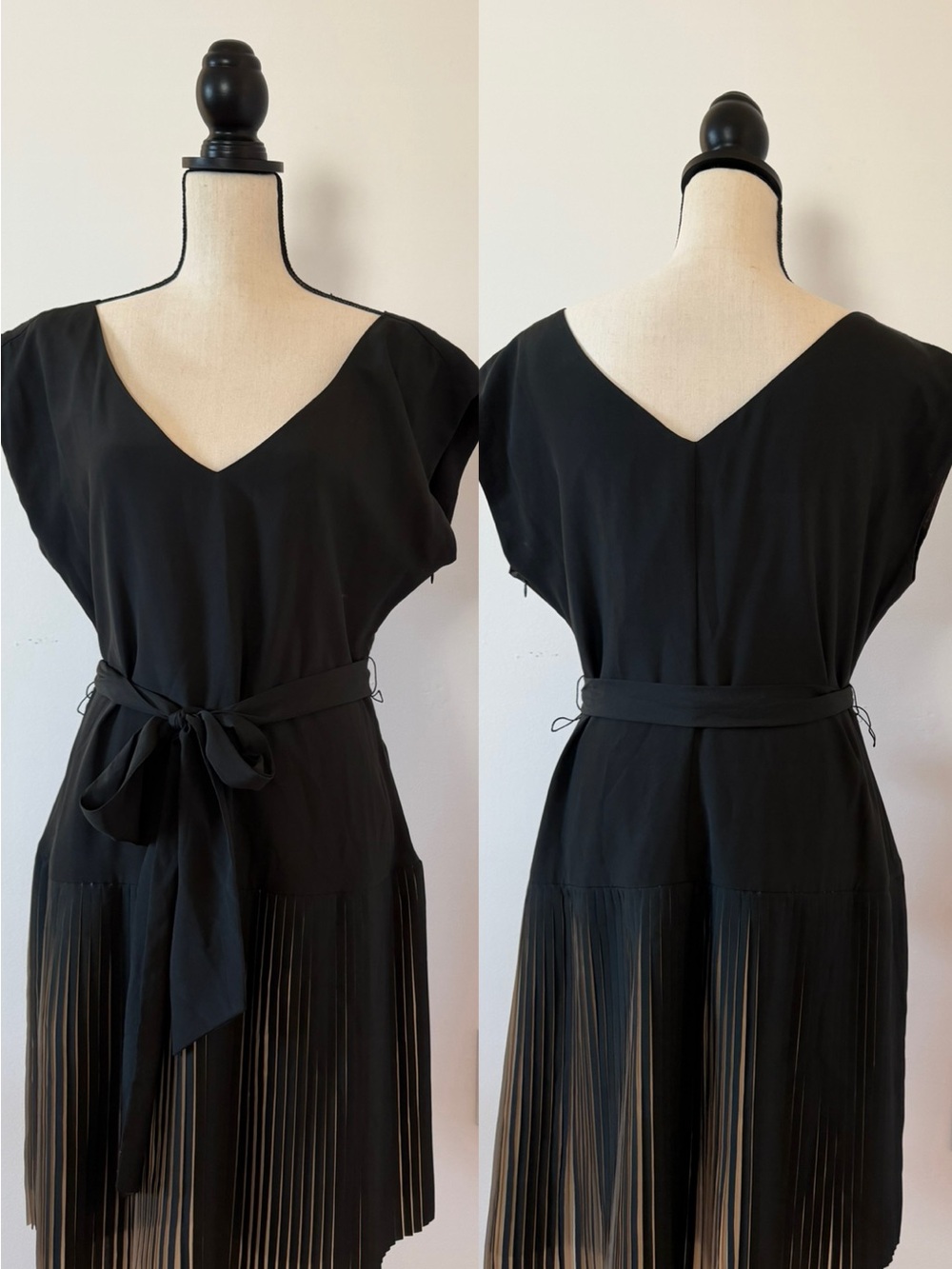Banana Republic Black V-Neck Midi Dress with Pleated Hem